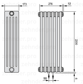 Схема (чертеж) Радиатор Zehnder Charleston 5220/6 №5410 Белый глянцевый RAL 9016